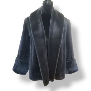 Plush Faux Fur Charcoal Open Front Vintage Jacket with Cuffed Sleeves  S…